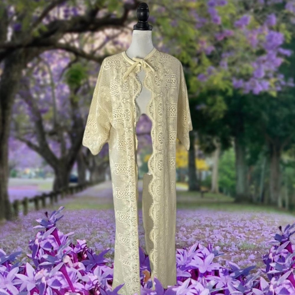 Vintage 70's Claire Haddad Long Lace Overcoat S